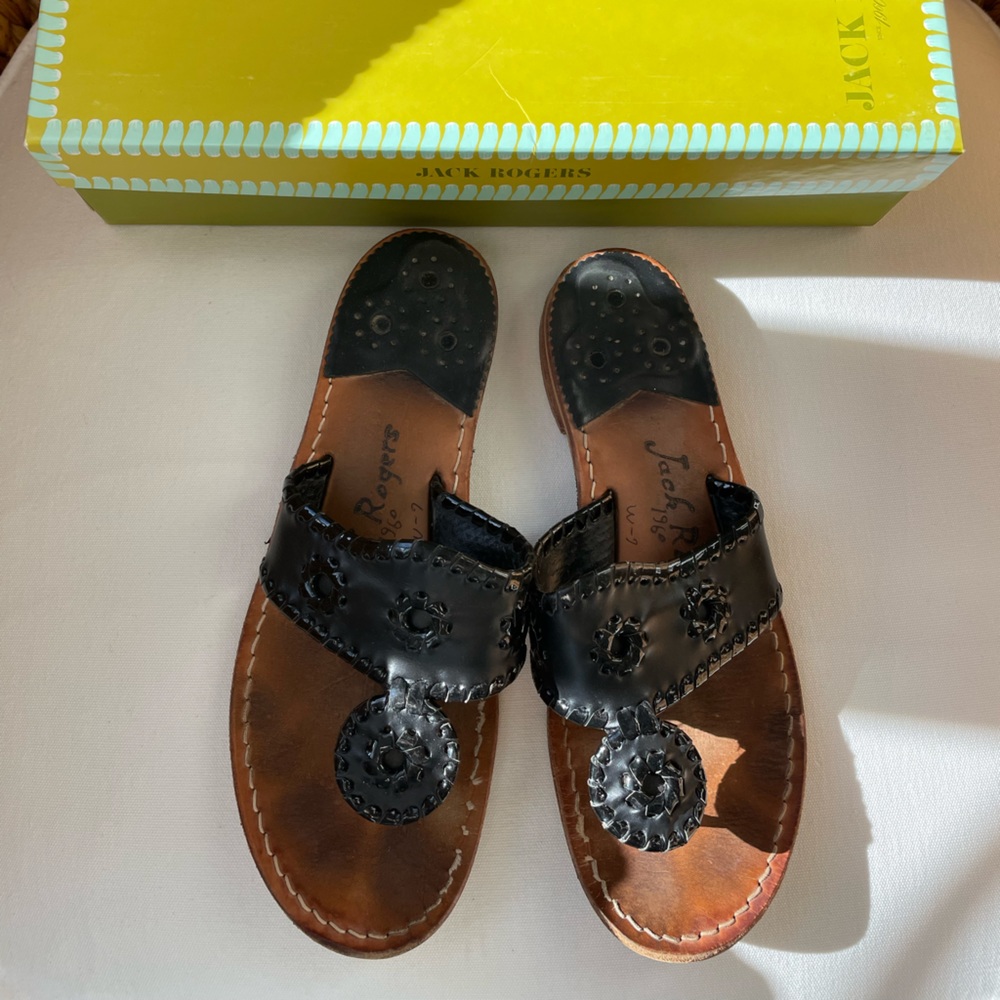 Jack Rogers Navajo Classic Palm Beach Flat, Black, 6.5